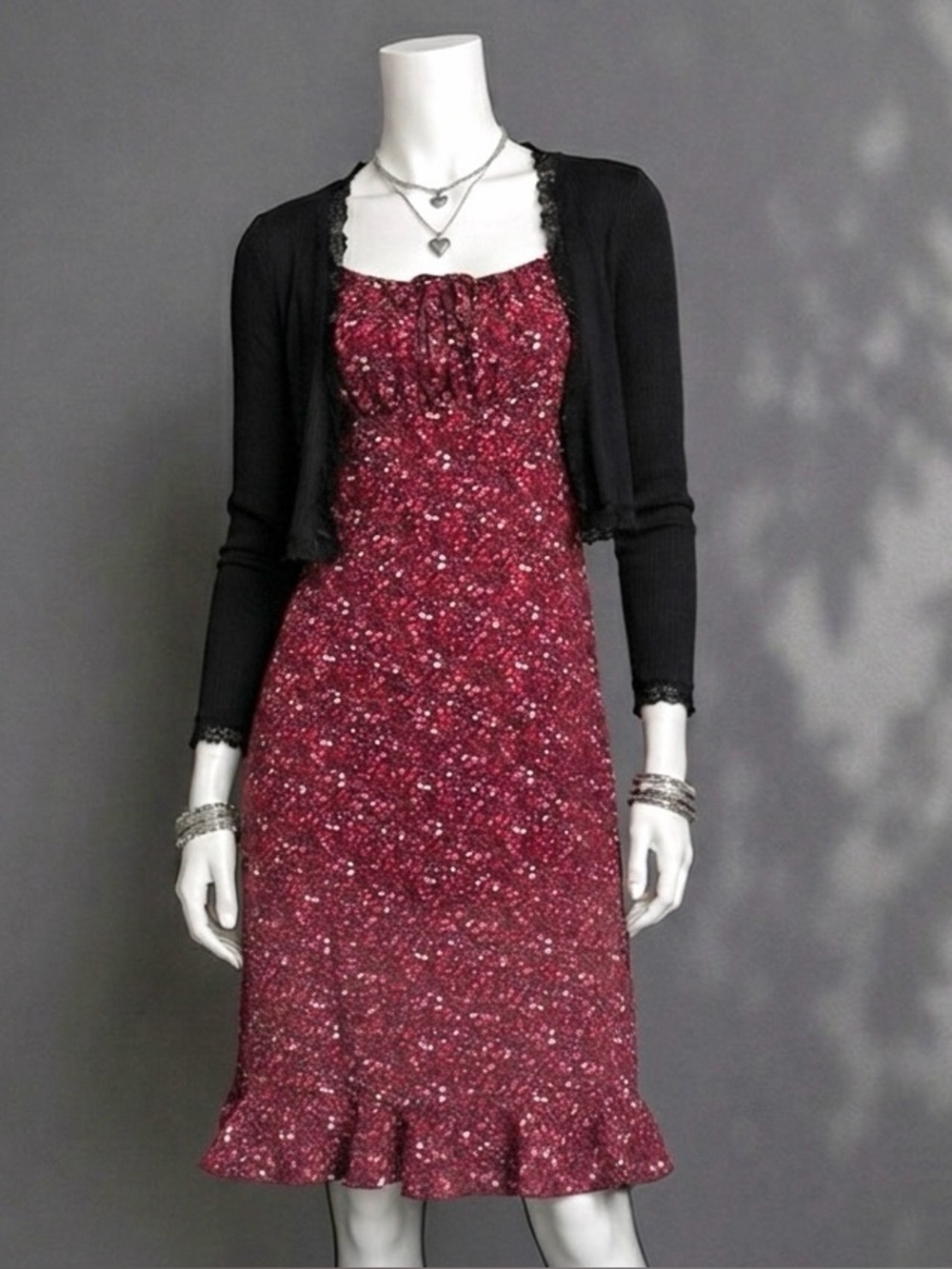 Vintage 90s Y2K  Lisa Jo Dress S Red Ditsy Floral Slip Empire Waist Ruffle Hem